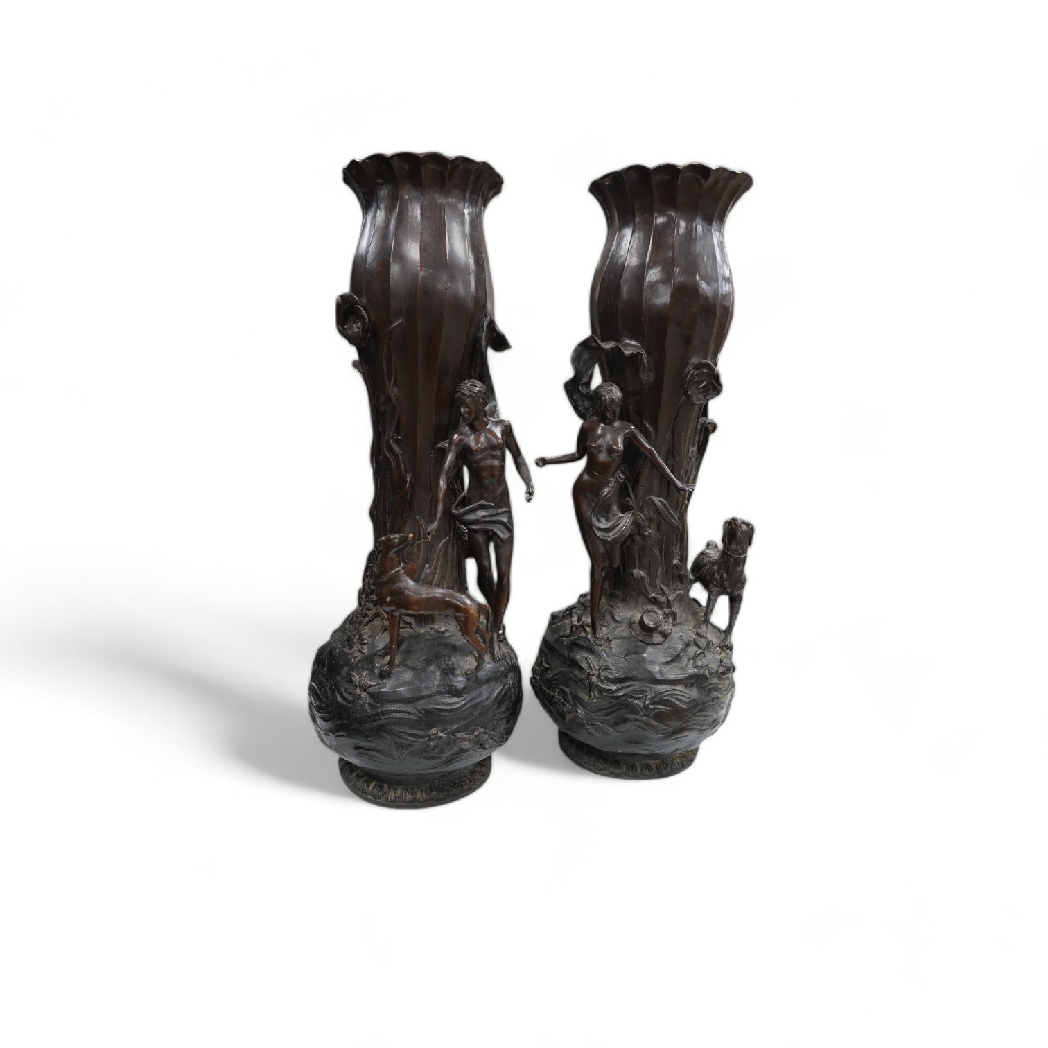 A pair of large French Art Nouveau figural bronze vases, 75cm high. Condition - good